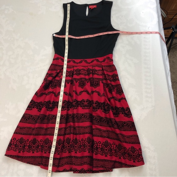 Elle Black Red Flocked  Fit & Flare Party Dress - Picture 12 of 16